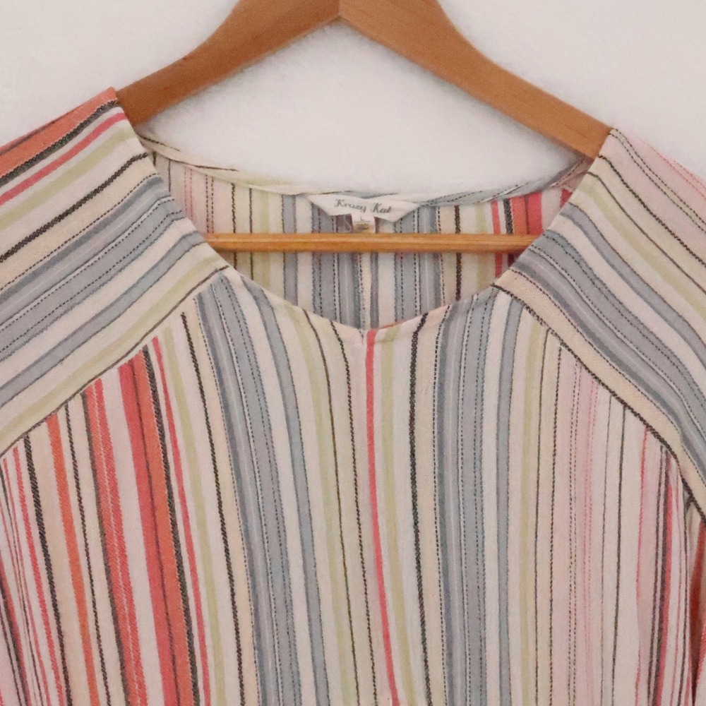 Boho Stripe Kaftan Midi Dress Womens Size L Drawstring Tassel Vacation Resort - Picture 11 of 12